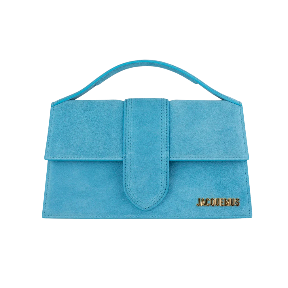 Jacquemus – Le Grand Bambino Celeste scamosciata con logo oro